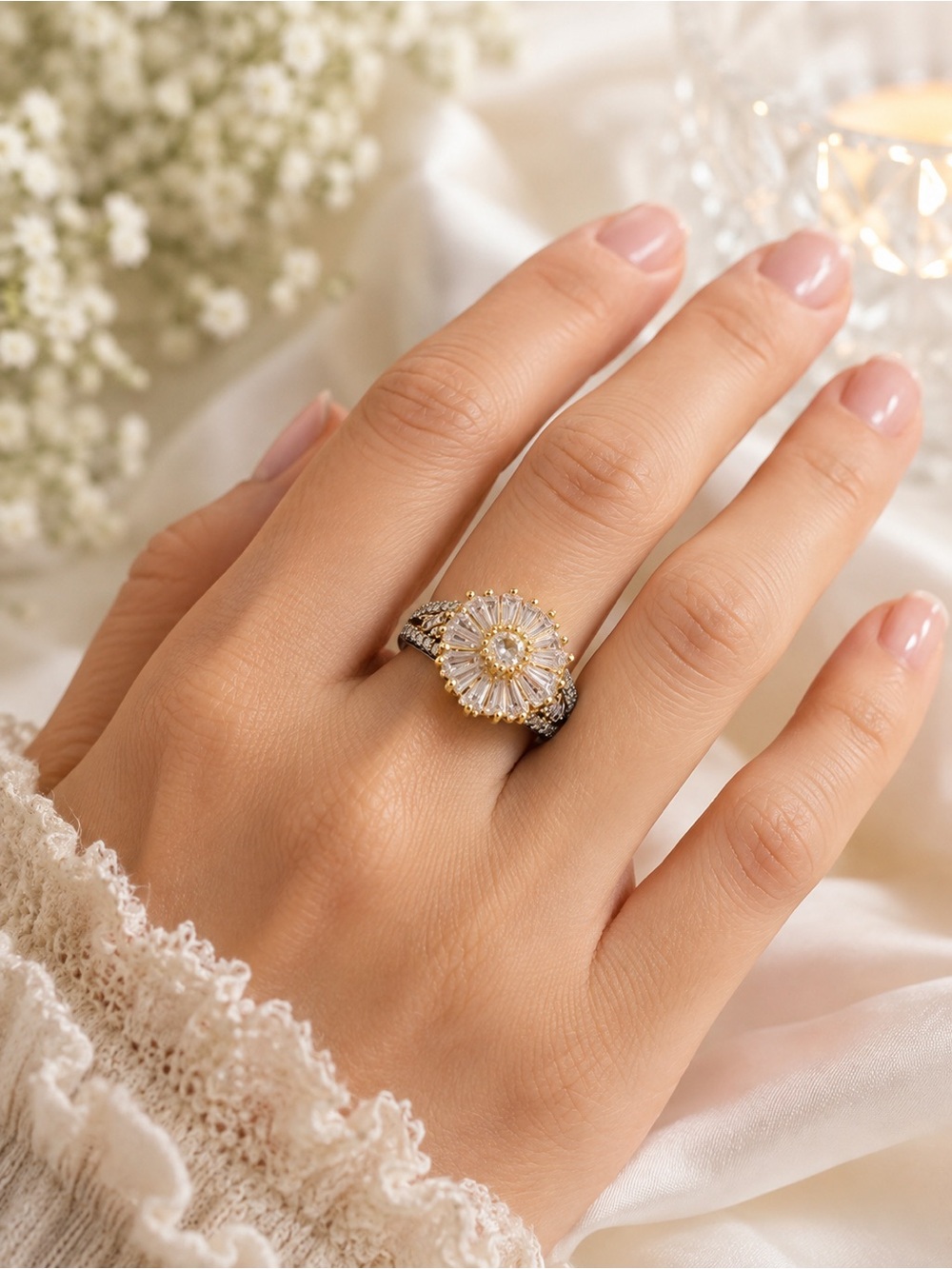 Two-Tone Floral Halo Ring in Gold and Silver